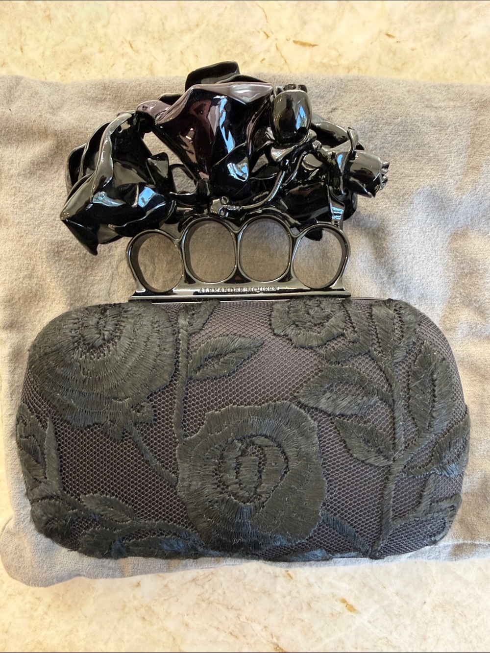 Alexander McQueen Black Floral Lace Knuckle-Handle Evening Clutch